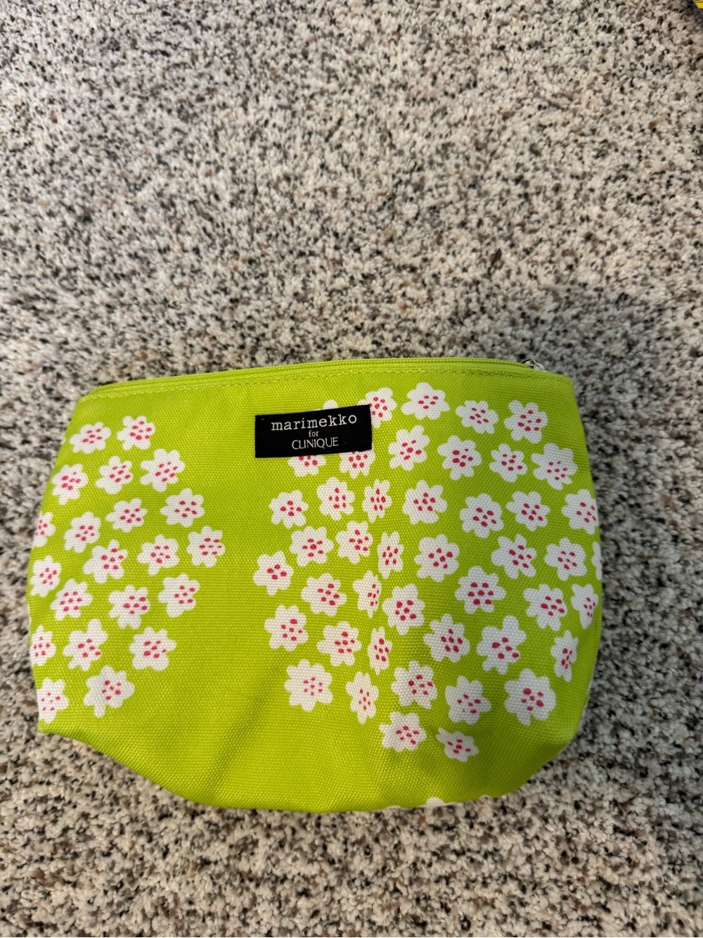 Marimekko Lime Green Floral Cosmetic Pouch with Pink Accents